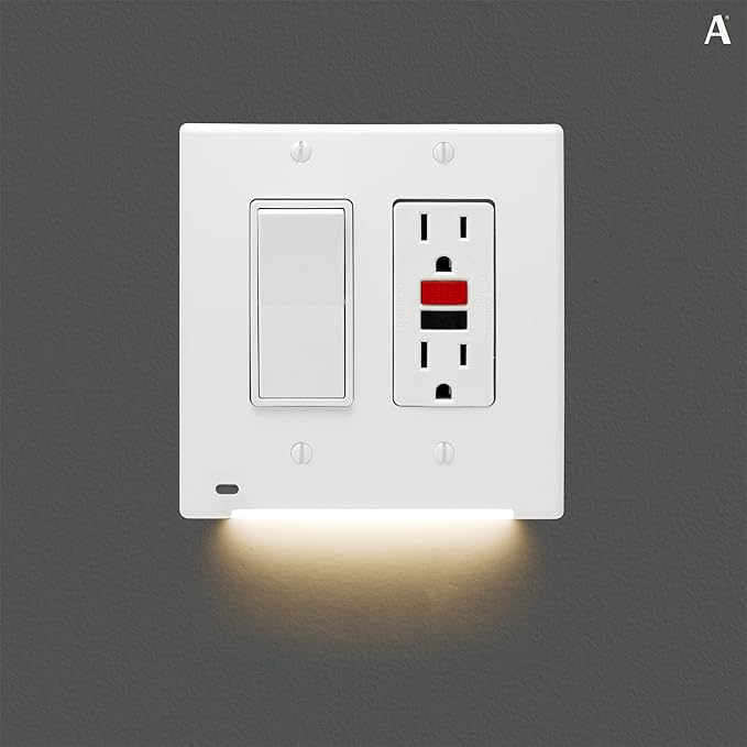 AMERELLE Universal LumiCover Outlet Cover Wallplate with Built-In Night Light, 2 Gang Double Décor, White - Easy DIY Installation, Low-Profile Design, for GFCI Outlets and Decor Outlets & Switches