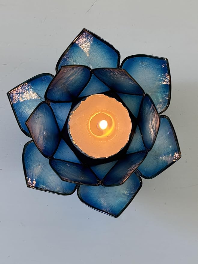 Om Gallery Capiz Shell Lotus Flower Decor Tealight Candle Holder for Serene Ambiance -Decorative Natural Shell Mini Candle Holders for Meditation, and Relaxation, Dark Blue