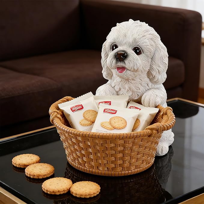 Dog Resin Storage Basket, Desktop Organizer for Remote & Keys, Cute Home Decor Tray, Ideal present for Pet Lovers.(White Bichon Frise)