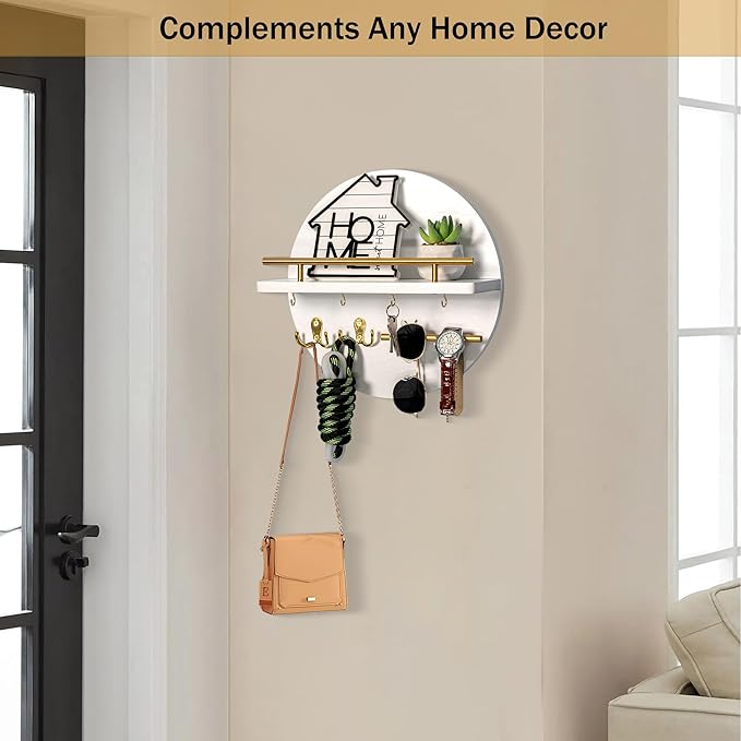 Key Holder for Wall Decorative with Shelf and Hooks, Mail Organizer Wall Mount with Sunglasses Holder, Circular Design Entryway Key Rack Hanger, Rustic Home Decor Boho Wall Decor (White)