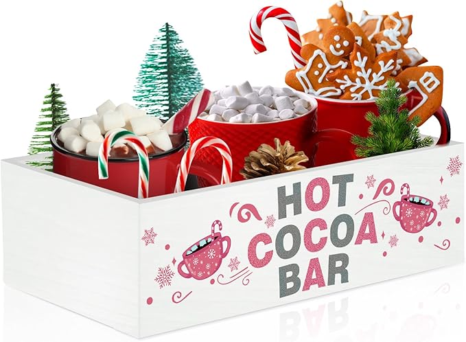 YLOLUL Hot Cocoa Bar Wood Storage Box Christmas Storage Bins Hot Chocolate Bar Supplies Organize 3D Open Holder Box Wooden Organizer Bins Tabletop Organizer for Xmas Gift Party Home Kitchen Office
