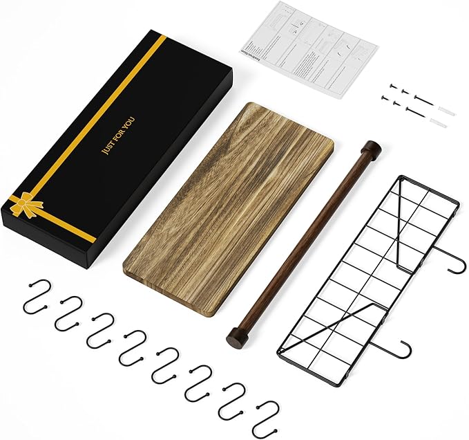 Alsonerbay Floating Shelves Wood Shelves for Wall, Rustic Wood Kitchen Shelf with Towel Bar and 8 Removable Hooks for Hanging Cooking Utensils or Mugs