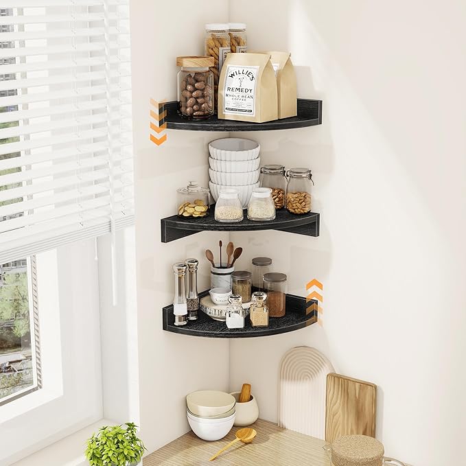 Corner Shelves 3-Pack for Bathroom & Kitchen, Space-Saving Floating Corner Wall Shelf with Easy Installation- Black
