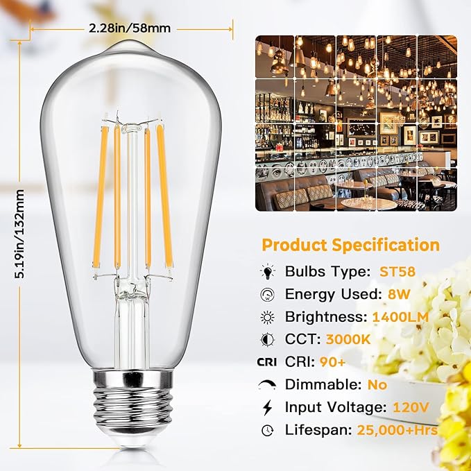 12-Pack Vintage LED Edison Bulbs 100W Equivalent 1400LM High Brightness 8W ST58 LED Filament Light Bulbs 3000K Warm White E26 Medium Base CRI90+ Antique Clear Glass for Home Dinning Room, Non-dimmable