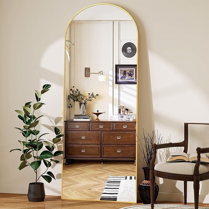 56" x 21" Arch Full Length Mirror - Floor Full Body Mirror with Aluminum Frame - Standing, Leaning or Hanging, for Bedroom, Living Room, Gold