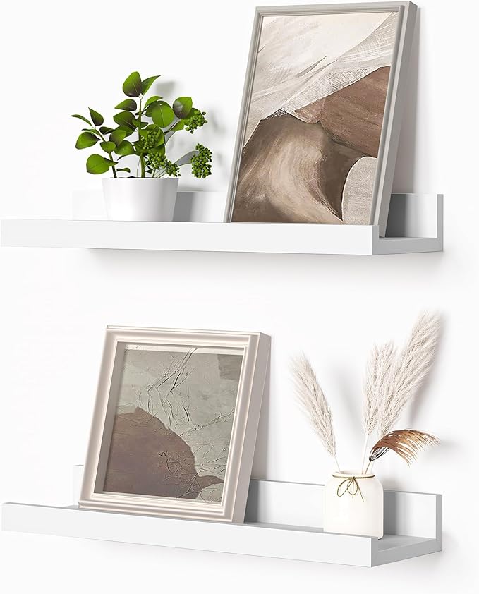 Heimlove Picture Ledge Shelf, Small Floating Shelves Set of 2, 16 Inches Picture Shelf for Wall with Ledge, Kids Bookshelf Wall Mounted for Living Room Bedroom Decor Books Photo Frames, White