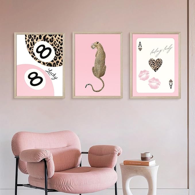 Trendy Leopard Wall Art Cheetah Print Canvas Wall Decor 8 Ball Poster Preppy Room Aesthetic Pictures Funky Coquette Vintage Prints Y2k Fashion Lucky Posters for Bedroom 16x24x3 Inch Framed