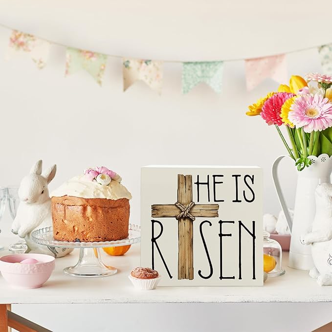 Easter Decor, He is Risen Religious Easter Wooden Box Sign, Cross Tiered Tray Decorations, Farmhouse Bunny Table Centerpiece Sign for Party Home Kitchen Dining Table Decor 5x5