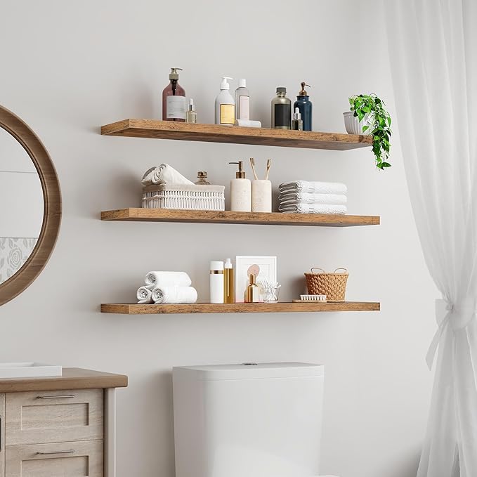 RALGEND Floating Shelves for Wall, 39.4" Long Wall Shelf Set of 3 with Invisible Bracket, 1.5" Thick Hanging Shelves Farmhouse Home Decor for Bathroom, Living Room, Bedroom Rustic Brown 10301BJP3BF