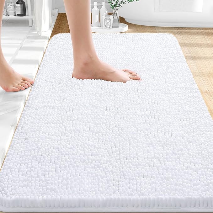 OLANLY Bathroom Rugs 35x24, Extra Soft Absorbent Chenille Bath Rugs, Rubber Backing Quick Dry, Machine Washable Bath Mats for Bathroom Floor, Tub and Shower, Home Decor Accessories, White