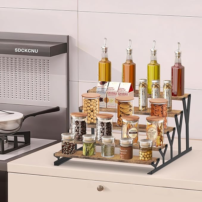 KALYLOC 5 Tier Wooden Display Riser Stand 13.8 Inch Metal Step Perfume Stand Organizer Tabletop Tiered Display Shelf Rack for Cologne Cupcake Spice Figures Cosmetics Candles (Brown, Y-Shape)