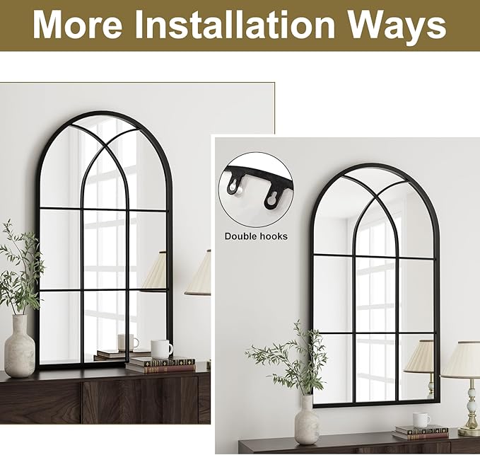 Rowjut Arched Wall Mirror 42" x 24" Window ＆ Wall Decorative Mirror, Iron Framed Window Pane Mirrors, Arched Top Wall Mirror for Entryway Living Room, Bedroom, Fireplace (Black)
