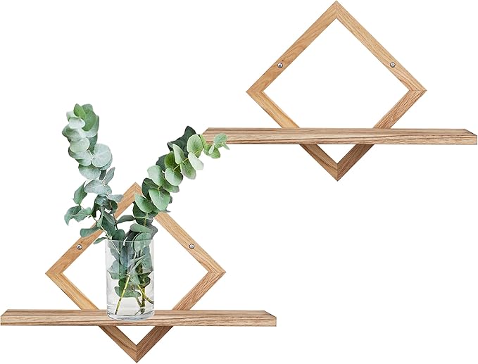 Floating Shelves for Wall,Decorative Wall Shelf,Hanging Shelf for Plants Storage Display Holder,Indoor Decor for Living Room Home Office Bathroom Bedroom,Solid Wood,Diamond Shaped,2 Pack(Wooden Brown)