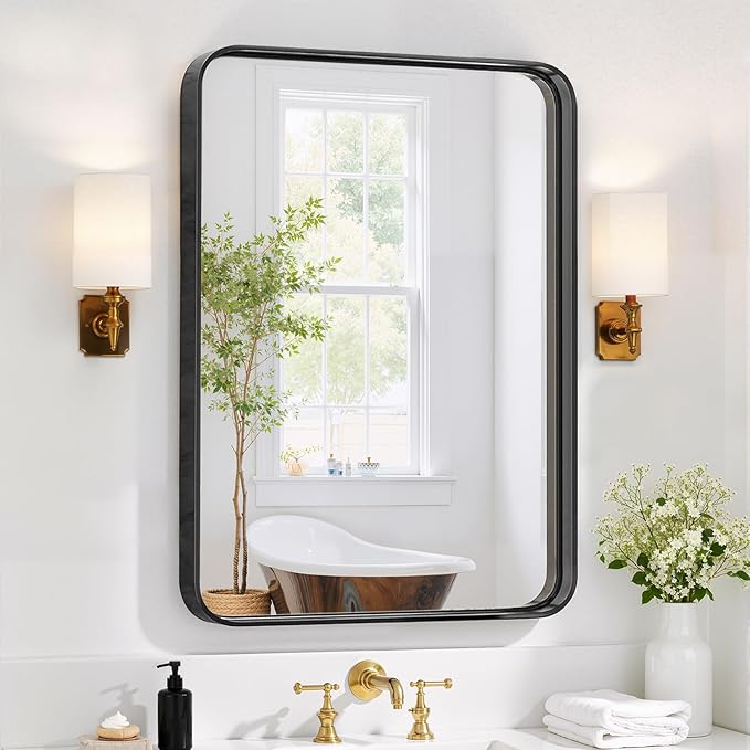 Bathroom Mirror 30x22 Inch Black Metal Frame Rectangle Vanity Mirror with Rounded Corners, Modern Wall Mounted Anti-Rust Mirror for Farmhouse, Restroom, Entryway, Horizontal or Vertical Hanging