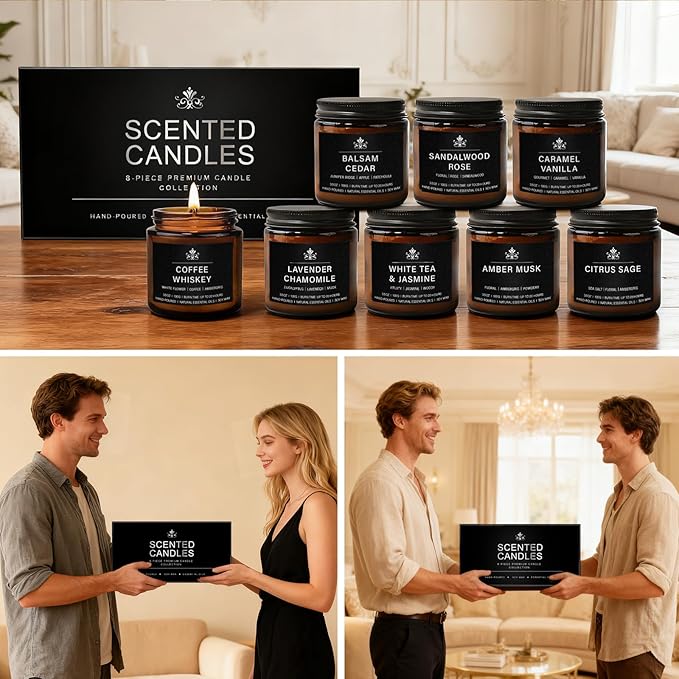 8 Pack Soy Wax Scented Candles Gift Set, Aromatherapy Candles with Lavender Chamomile, Citrus Sage, Caramel Vanilla, Coffee Whiskey, Long Lasting Stress Relief Candle, Unisex Home & Gift Set