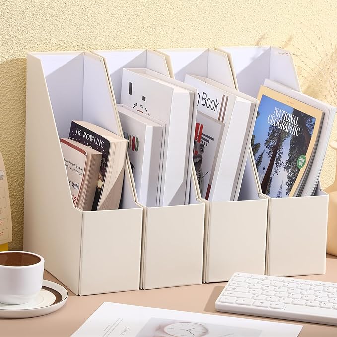 Feifeiya Magazine File Holder Set of 6 Stylish Sturdy Cardboard File Boxes Desk Organizer Beautiful Magazine Holder Rack with Gold Label Holder for Home Office Desktop Bookshelf Classroom(Beige)