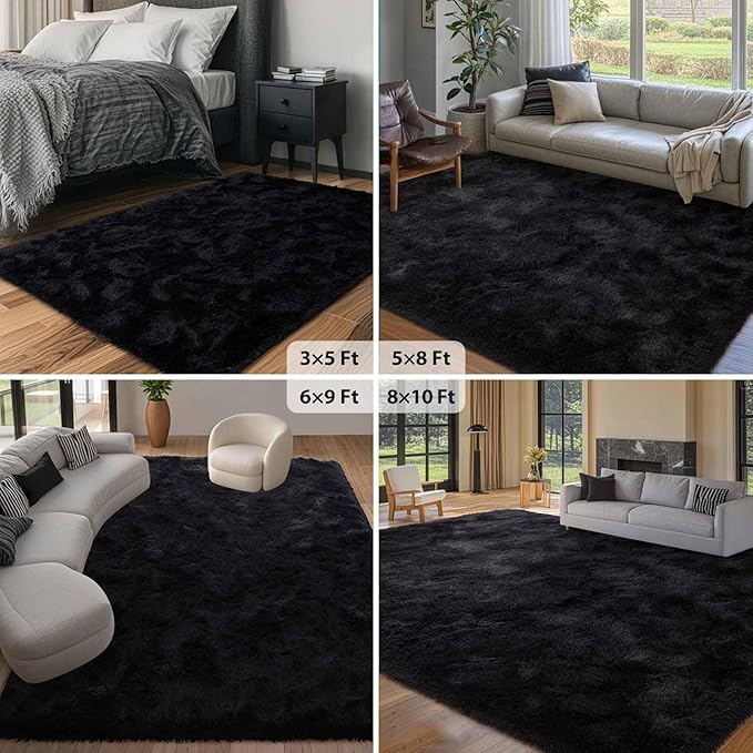 FinRèc 5x8 Feet Black Rugs for Living Room Bedroom, Fluffy Shaggy Area Rug, Non-Slip Soft Shag Rug for Nursery Kids Room Dorm Room Home Decor, Indoor Plush Floor Carpet