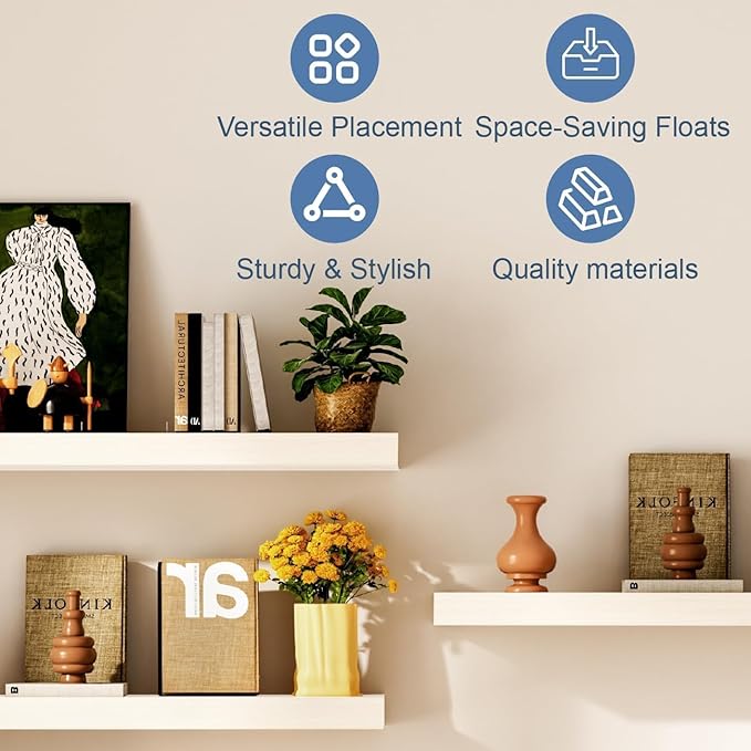 Floating Shelves for Wall, Bathroom Shelves Over Toilet, Wall Shelves & Book Shelf for Room, Hanging Shelf, Modern Wooden Wall-Mounted Small Floating Shelves, 12x7x1.5 in (White, Set of 4)