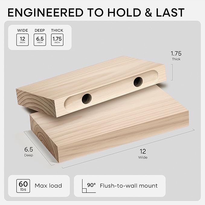 Homeforia Wood Floating Shelf 12 inch, High End Solid Natural Wood 12inch Floating Shelves for Wall Mounted, Unfinished Small Wooden Floating Shelves, Heavy Duty Bracket, 12 X 6.5 X 1.75 in, Set of 4