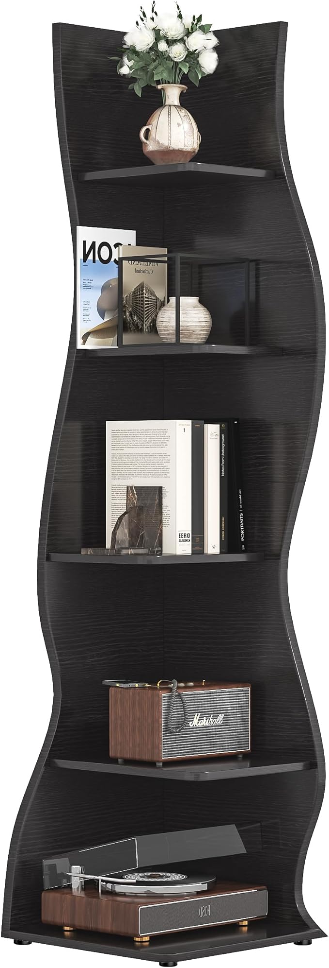 VECELO Wavy Corner Shelf, Decorative 6-Tier Corner Display Bookshelf, Tall Storage Organizer for Small Spaces, Living Room or Bedroom, Black