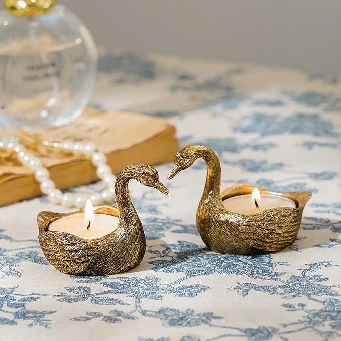 NIKKY HOME Gold Swan Tealight Candle Holders Set of 2, Centerpiece Table Decorations, Decorative Metal Stand for Tea Light Candles, Votive Candles