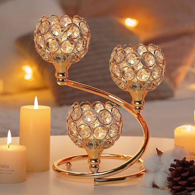 Gold Metal Crystal Candle Holder - Modern 3-Arm Tea Light Centerpiece with Sparkling Crystal Bowl, Elegant Table Decor for Weddings, Anniversaries, Dining & Parties