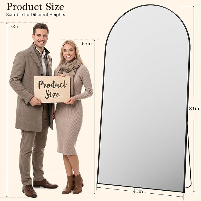 81"x41" Arched Full Length Mirror with Stand, Free Standing Leaning Wall Mounted Aluminum Alloy Frame Mirror for Bedroom Living Room Cloakroom, Black