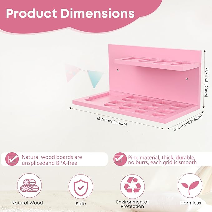 PHOENANCEE Floating Shelves for Little Tikes Story Dream Machine,Wall Shelf for Little Tikes Projector Books Audio Play Character Storage Tray Organizer for Toddlers and Kids Girls Boys,Pine(Pink)