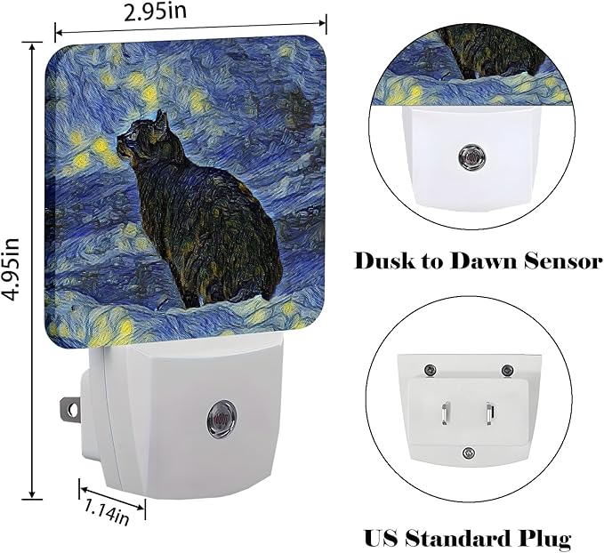 Black Cat Night Light,Plug Into Wall for Boys Girls Bedroom Decorative Square Night Light Lamp 0.5w Sleep Friendly