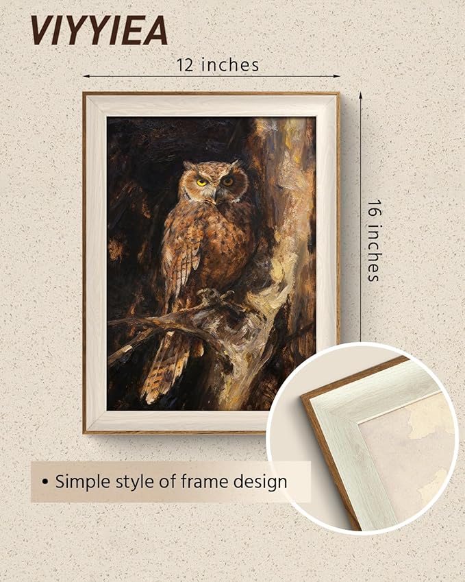 VIYYIEA Vintage Framed Wall Art for Living Room, Owl II Canvas Prints, Oil Painting Home Decor, Animals Picture, Bathroom Wall Decor Gifts for Friends or Family - 16L x 12W
