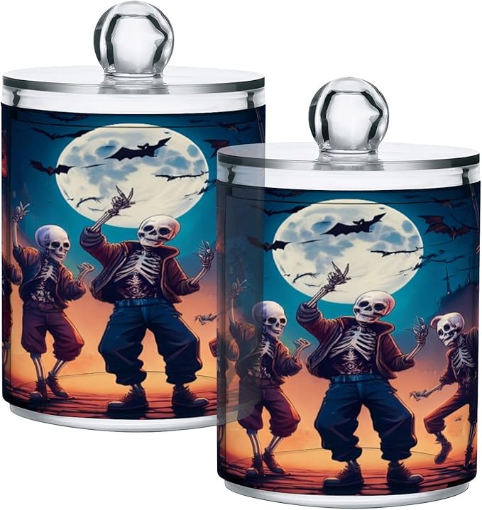 Nander 4Pack Halloween Fun Skeleton Qtip Holder Dispenser -Clear Plastic Apothecary Jars Set - Restroom Bathroom Makeup Organizers Containers for Cotton Swab, Ball, Pads, Floss