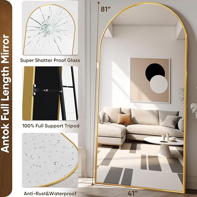 Antok Arched Full Length Mirror, 81"x41" Gold Metal Frame Floor Mirror for Bedroom Living Room, Freestanding/Wall Mount/Leaning