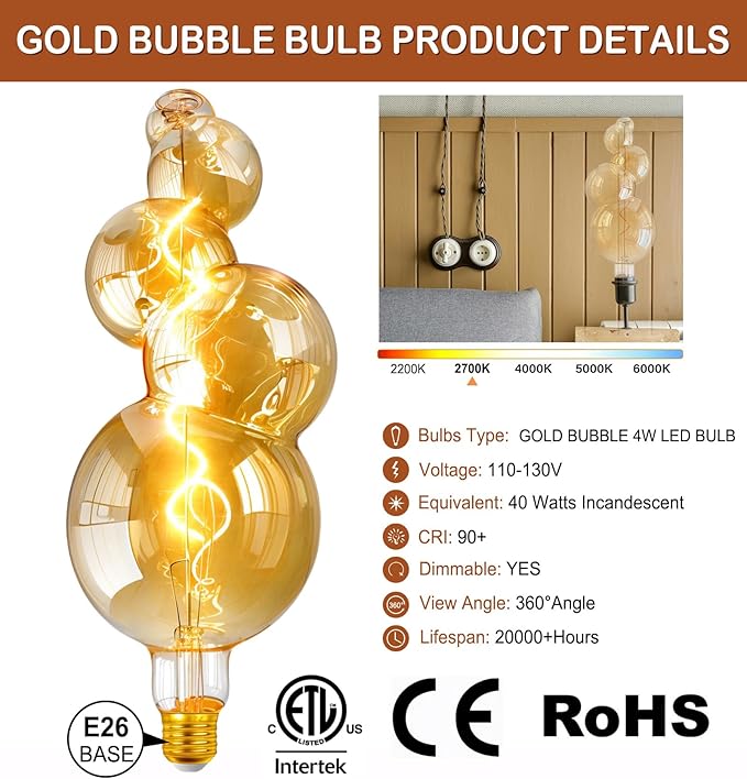 40 Watt Decorative Vintage LED Light Bulbs, Special Huge Bubble 4W LED Filament Edison Bulb,2700K Oversized Golden Warm Lights,Dimmable E26 Lamp Base,1-Pack