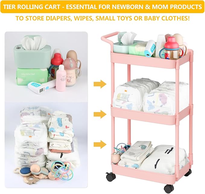 Volnamal Diaper Caddy - Plastic Diaper Organizer for Nursery Essentials, Baby Organizers and Storage, Movable Cart for Changing Table & Crib, Baby Registry Search, Pink