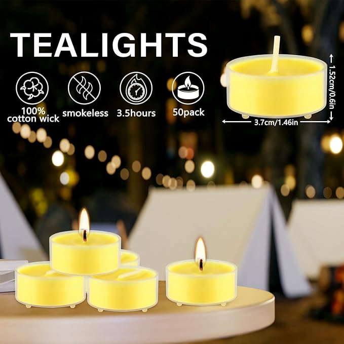 Fclayvts 3.5-Hour 50Pack Citronella Tealight Candles, Outdoor and Indoor Summer Scented Candle,Natural Soy Wax Candle for Home Patio Garden Yard Balcony,BBQ Birthday Emergency.