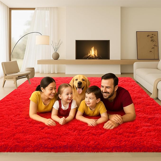 5x7 Plush Fluffy Area Rugs, Large Soft Carpet, Upgraded Non-Slip Rectangular Rug for Living Room, Bedroom, Kids Room, Dorm,Modern Home Decor Aesthetic,Red.