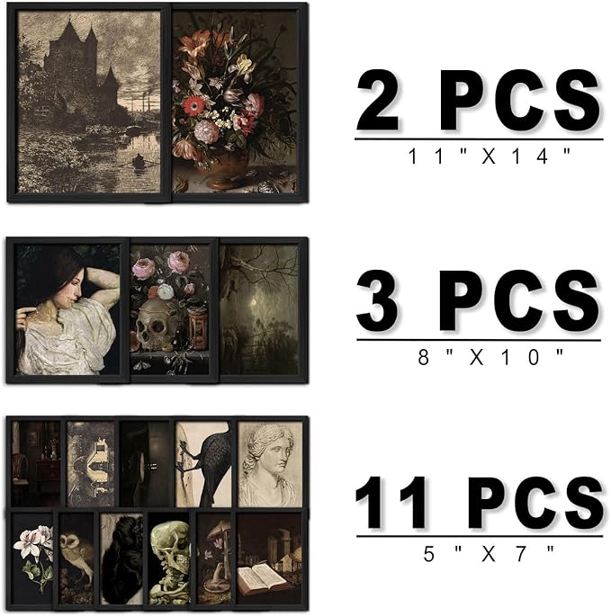 ANERZA 16 PCS Framed Dark Academia Room Decor, Gothic Home Decor, Moody Wall Art Prints for Bedroom, Gallery Wall Frame Set, Witchy Posters for Living Room Aesthetic, Halloween Dorm Collage Kit