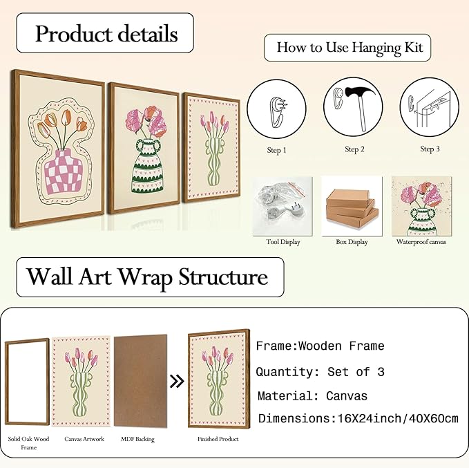 Framed Boho Floral Canvas Wall Art Set of 3, Pink Tulip Flower Paintings Wall Decor, Abstract Botanical Pictures Prints Minimalist Home Decor Aesthetic for Living Room Bedroom Office 16×24 inch