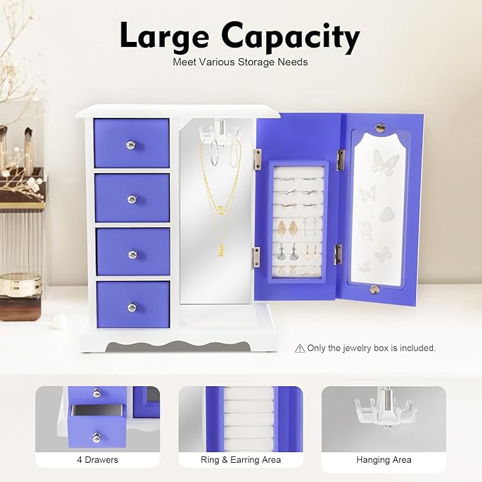 Wooden Jewelry Box, Solid Jewelry Organizer Makeup and Organizer Women Ring Storage with 4 Drawers, Wood Jewelry Case with Mirror for Necklaces Earring Rings, Purple