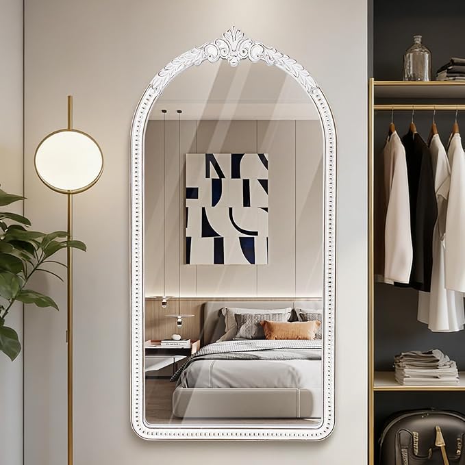 Farmhouse Full Length Mirror - 47x24 Inches Antique White Baroque Wooden Arched Wall Mirror, Vintage Ornate Beaded Decorative Mirror for Mantel, Living Room, Bedroom