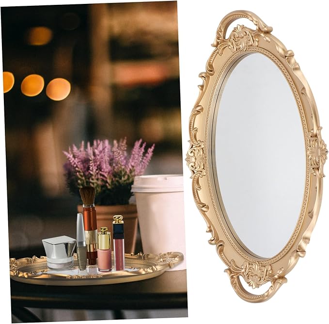 Lurrose Retro European Style Mirror Tray for Jewelry and Perfume Storage Elegant Decorative Oval Makeup Organizer Plate for Wedding Vanity Home Office Display