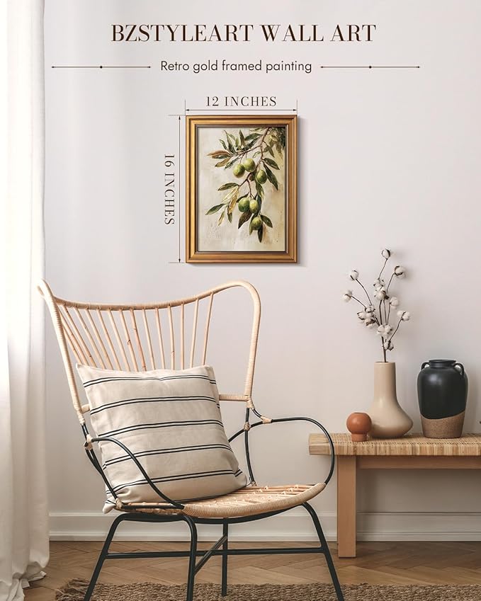 Bzstyleart Vintage Wall Art Decor for Bedroom, Oil Painting Olive Branch Botanical Wall Art, Vintage Botanical Painting, Room Decor Aesthetic for Kitchen, 12 x 16 Inch