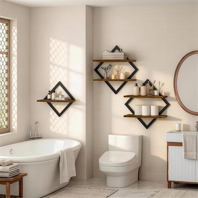 3-Piece Floating Shelves - Unique Geometric Wall Mounted Storage Set (1 Single & 2 Double Tiers), Sturdy Wood & Metal Display Shelf for Plants, Picture Frames, Living Room & Bathroom Decor