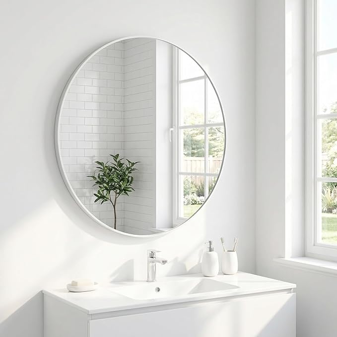 HARRITPURE Round Mirror 20" White Wall Mounted Circle Mirrors Vanity Mirror with Brushed Aluminum Alloy Frame Modern Decoration for Bathroom, Living Room, Vanity, Bedroom, Entryway