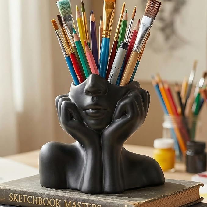 Face Vase – Small Human Body Art Vase in Resin,Women’s Head Shape for Flowers, Makeup Organizer & Desk Decor (Black)