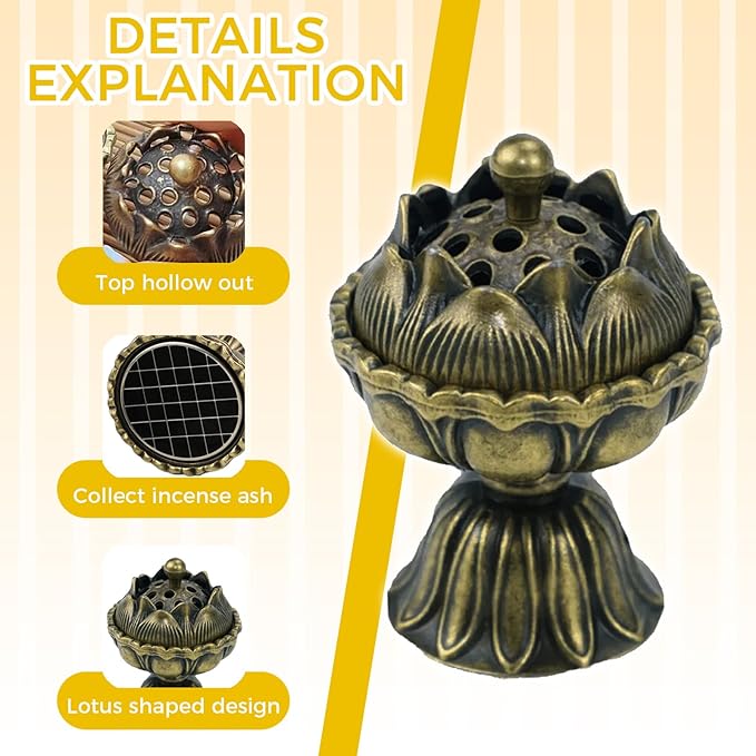 1PCS Lotus Incense Holder, Vintage Cone Incense Burner with Lid and Grid, Elegant Desktop Ash Catcher for Home, Office, Yoga, Meditation, Spa, Teahouse Decor
