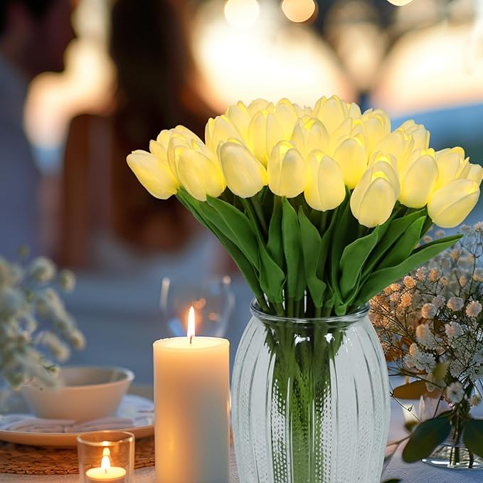 HOMESEASONS Pre-Lit 20pcs LED Lighted Fake Flowers Artificial Tulips Real Touch Tulip Bouquet 15" Faux Tulips for Easter Decor Spring Decor Mother's Day Home Kitchen Wedding Decorations(Cream)