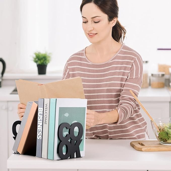 Hotop Cookbook Bookends Kitchen Decorative Metal Supports for Book-Rack Desk Kitchen Book Shelf Holder for Shelves Distinctive Appearance Design Book Ends Metal Supports(Black)