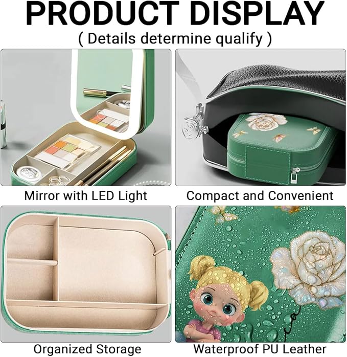 Wrappiness Floral Makeup Box With LED Mirror Gifts for Girl Woman - Personalized Birthmonth Flower Travel Jewelry Organizer Gift for Daughters Sisters on Birthday Christmas