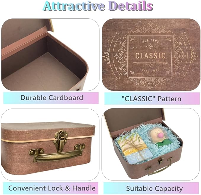 Vintage Decorative Storage Box Set of 3 with Lids, Keepsake & Photo Box, Brown Suitcase Memento Case
